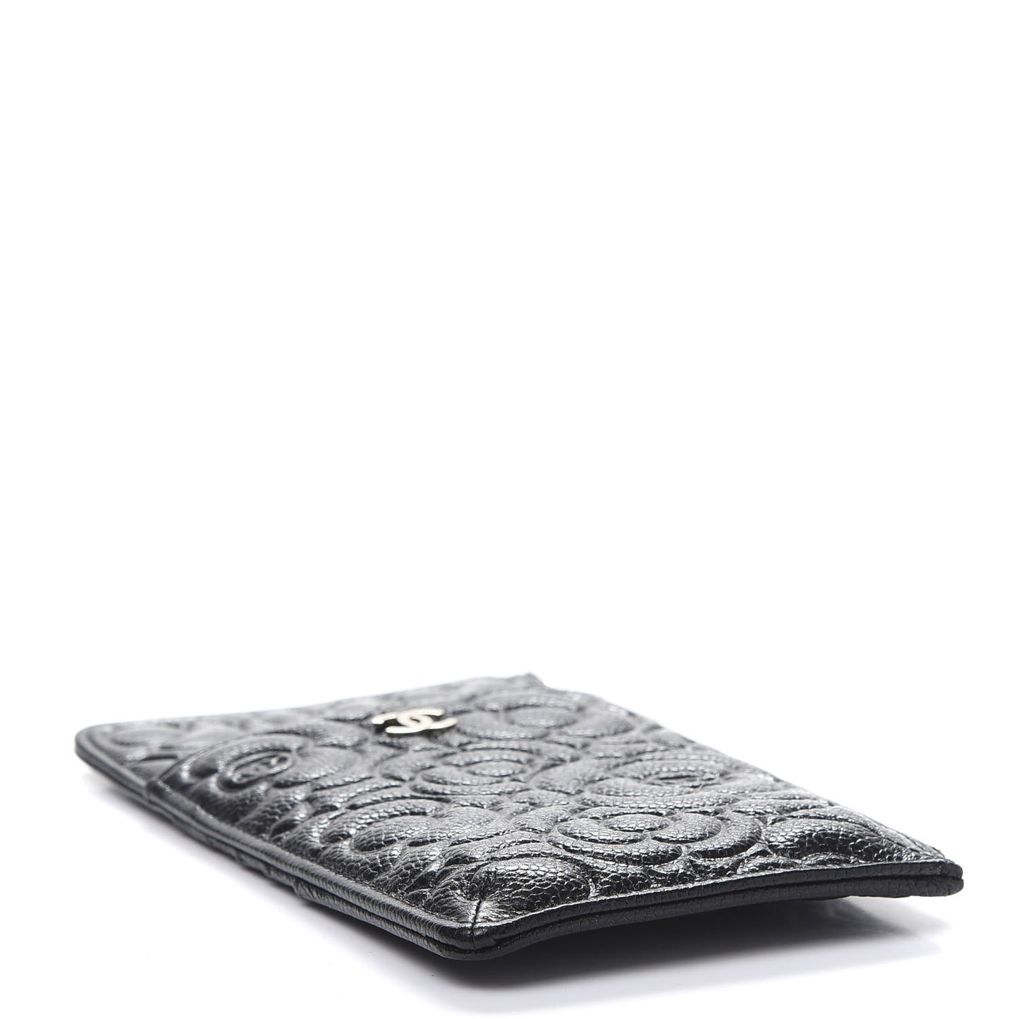 Caviar Camellia Embossed Classic Flat Wallet Pouch Black