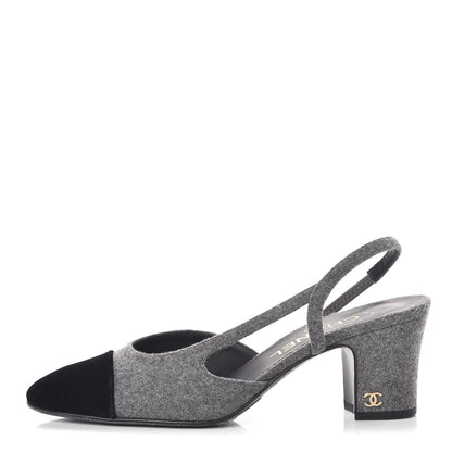 Chanel Wool Velvet Cap Toe CC Slingback Pumps 35.5 Black Grey 1 of 9