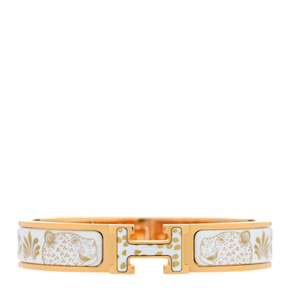 Hermes Enamel Printed Narrow Leopards Clic Clac H Bracelet PM Jaune Or White 1 of 3