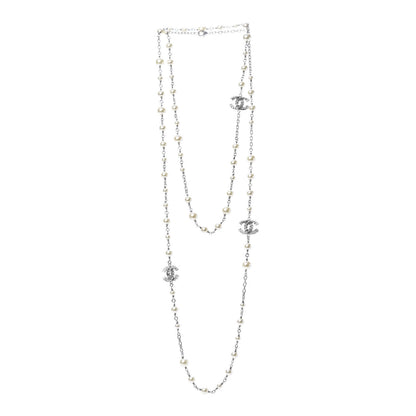 Chanel Pearl Baguette Crystal CC Long Necklace Silver 3 of 5