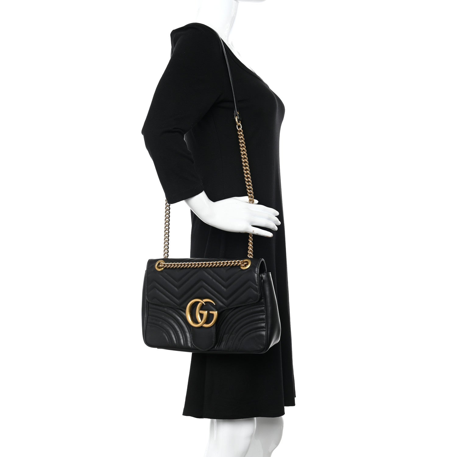 Gucci Calfskin Matelasse Medium GG Marmont Shoulder Bag Black 2 of 10