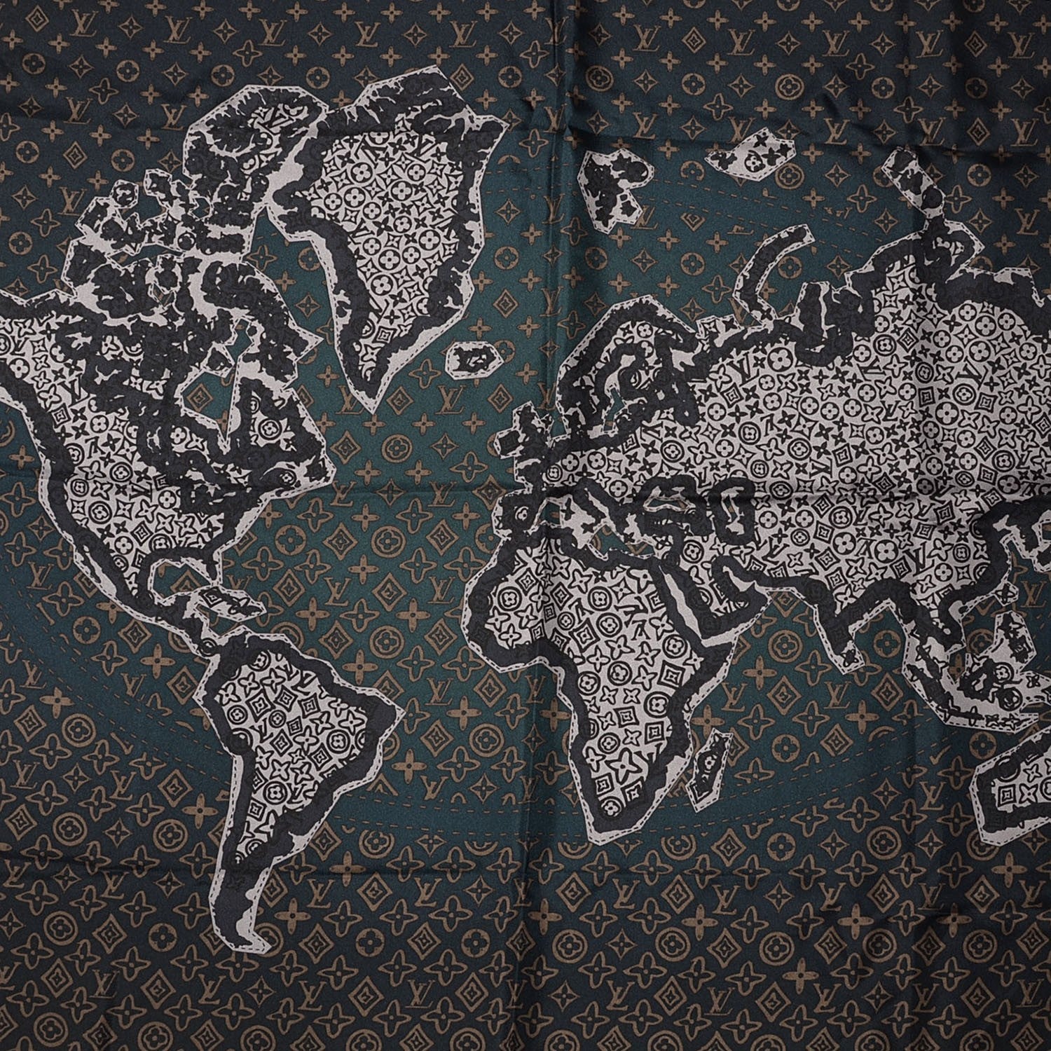 Louis Vuitton Silk Monogram Map Square Scarf Petrole Blue 1 of 5