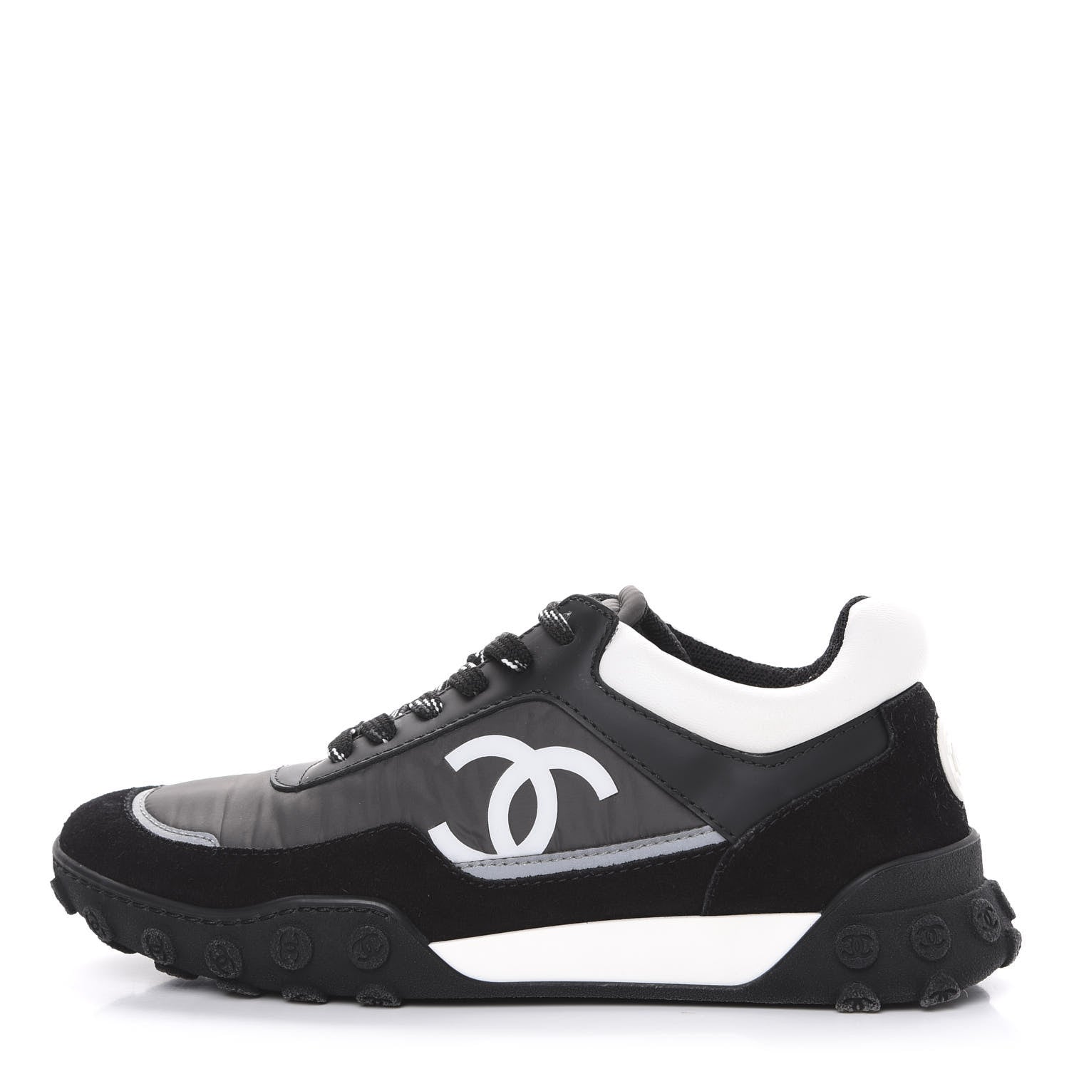 Chanel Nylon Calfskin Suede CC Sneakers 36 Grey Black White 1 of 8