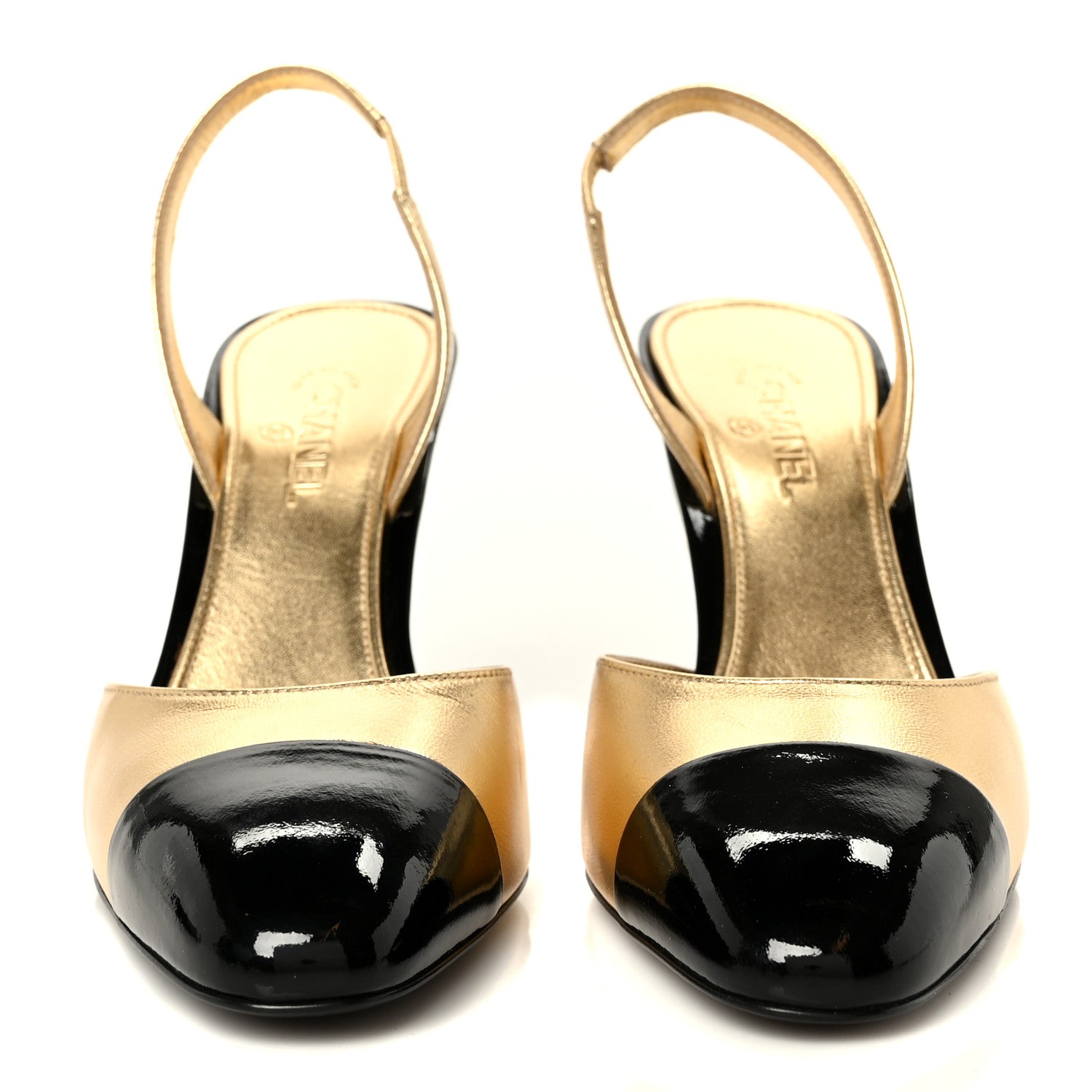Chanel Lambskin Patent Cap Toe CC Apple Slingback Pumps 37 Gold Black 3 of 10