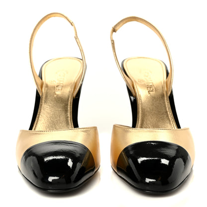 Chanel Lambskin Patent Cap Toe CC Apple Slingback Pumps 37 Gold Black 3 of 10
