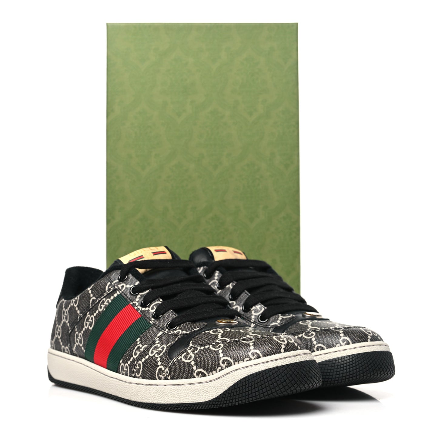 GG Supereme Monogram Miro Soft Calfskin Web Mens Screener Sneakers 8.5 Black Grey Sky