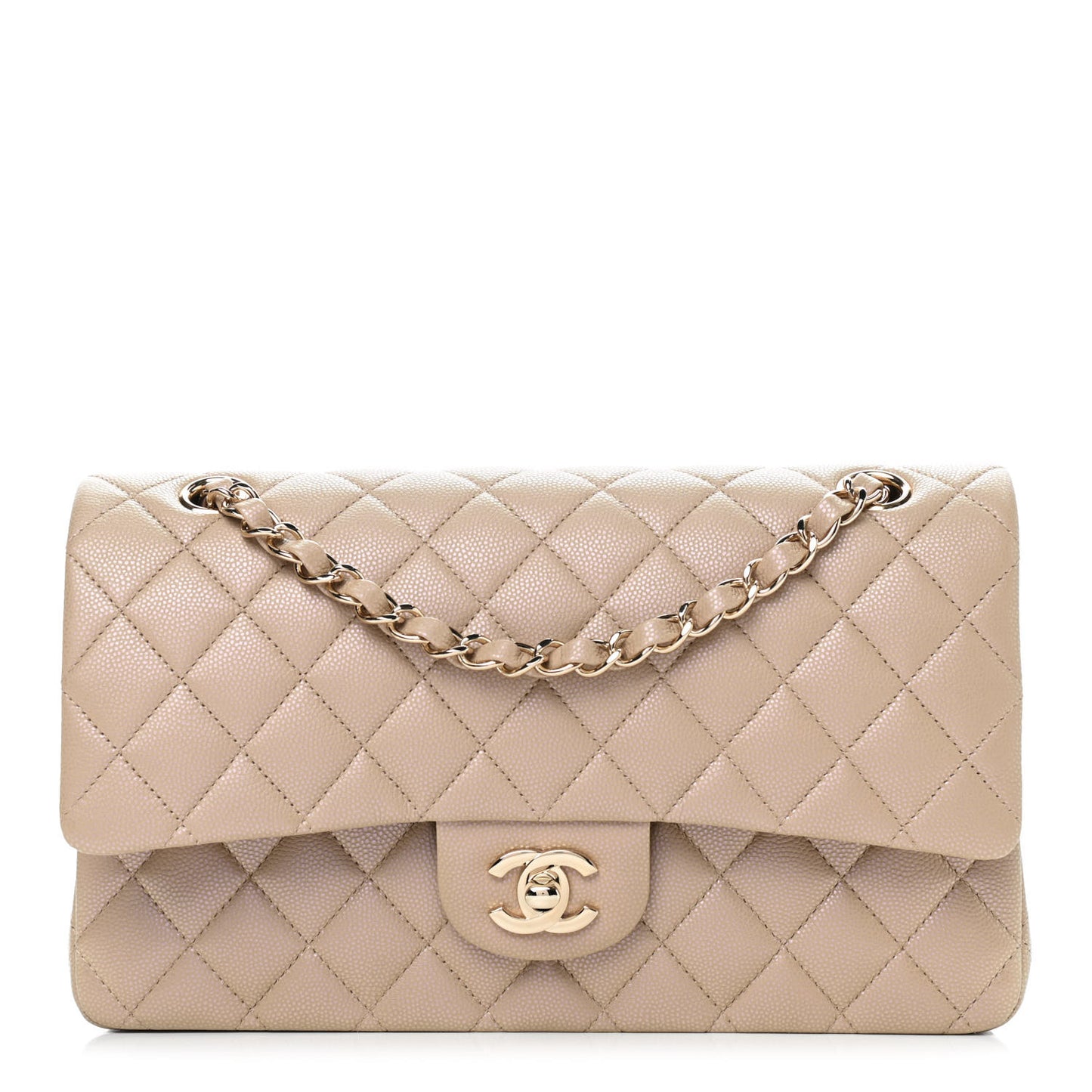 Iridescent Caviar Quilted Medium Double Flap Dark Beige