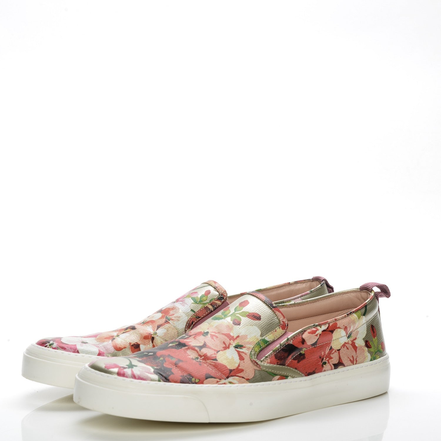 Gucci Calfskin Blooms Print Womens Slip On Sneakers 41 Gold Multicolor Dry Rose 3 of 10