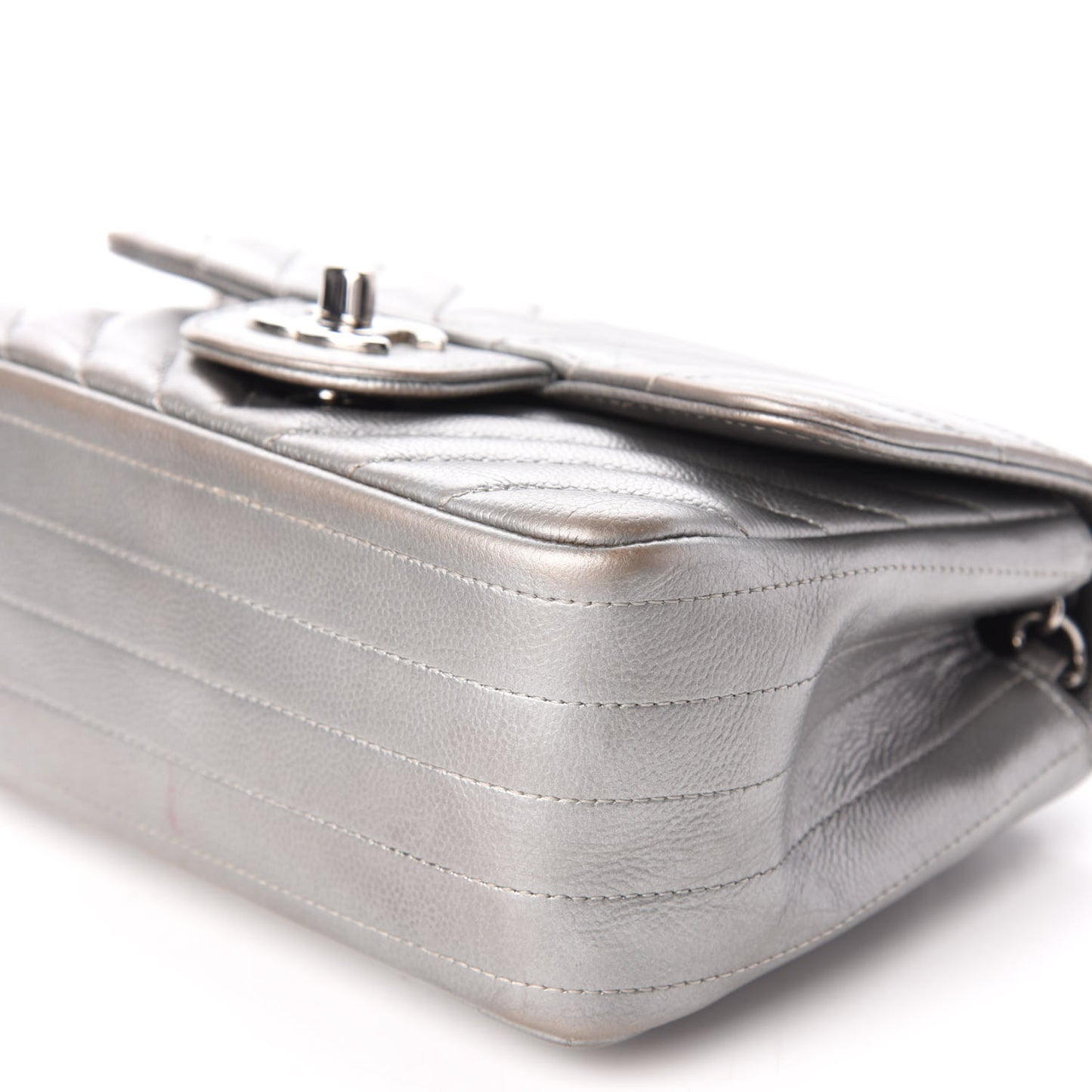 Metallic Caviar Chevron Quilted Mini Square Flap Silver