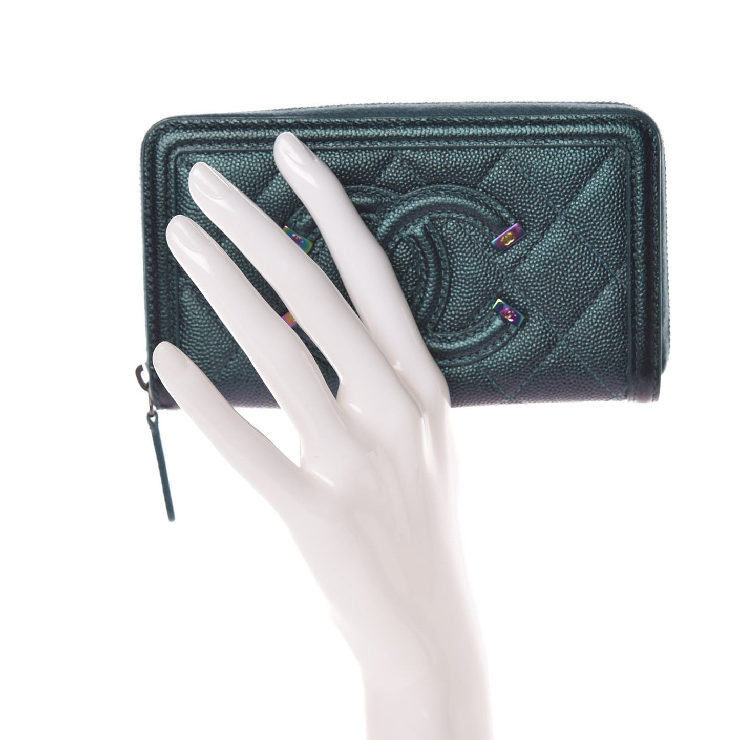 Iridescent Caviar Quilted Medium Filigree Zip Around Wallet Dark Turquoise