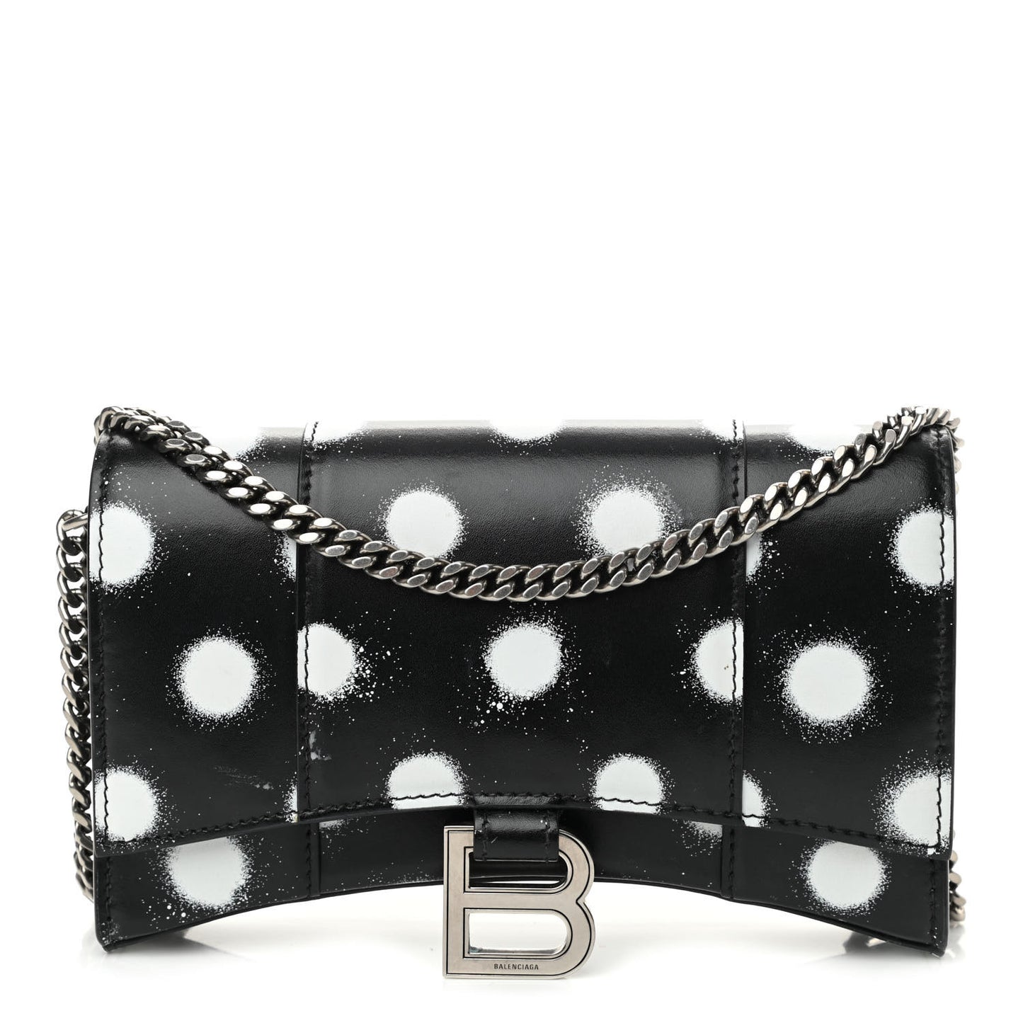 Shiny Box Calfskin Polka Dot Hourglass Chain Bag Black White