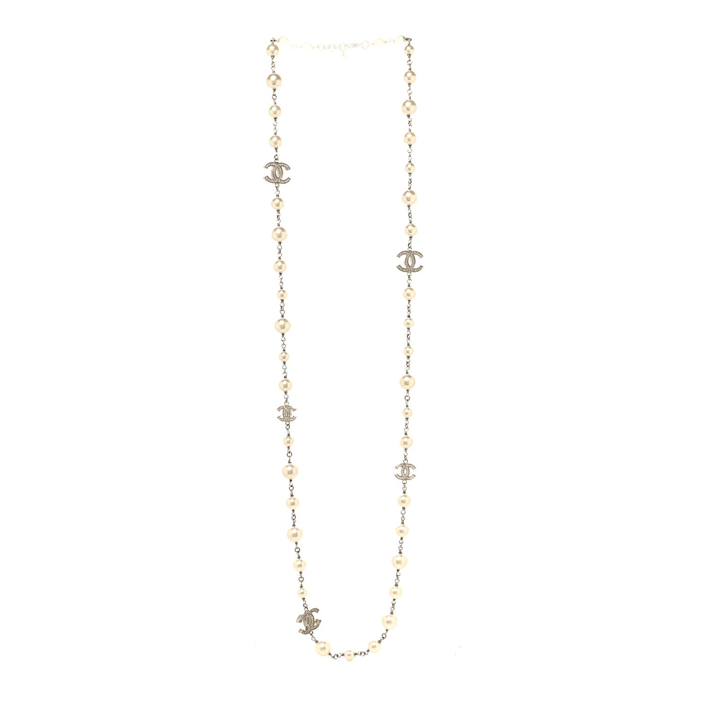 Crystal Pearl CC Long Necklace Silver
