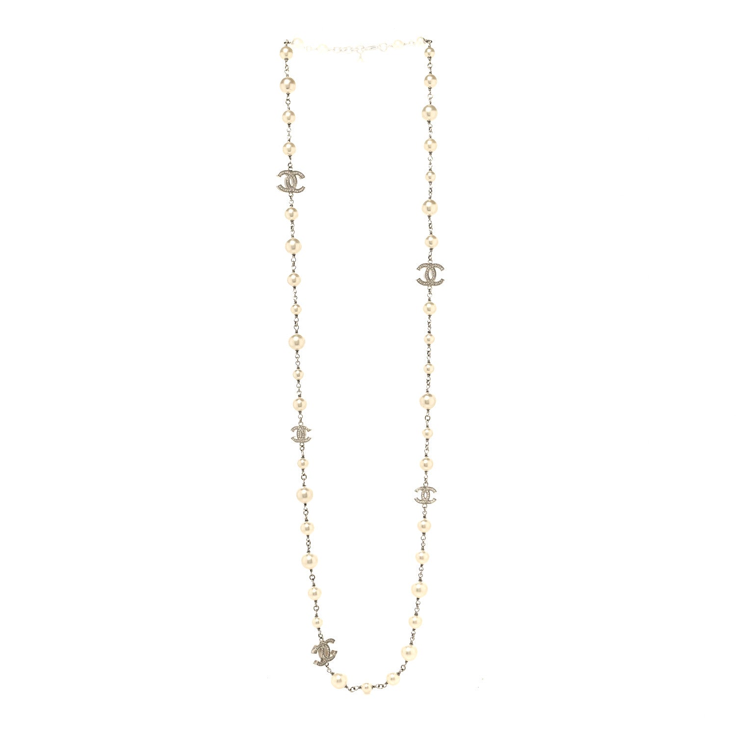 Chanel Crystal Pearl CC Long Necklace Silver 3 of 5