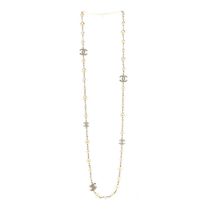 Chanel Crystal Pearl CC Long Necklace Silver 3 of 5