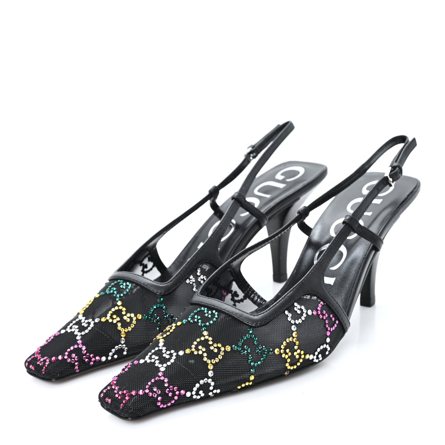 Tela Retino Nappa Charlotte Crystal GG Monogram Square G 75mm Slingback Pumps 36.5 Black