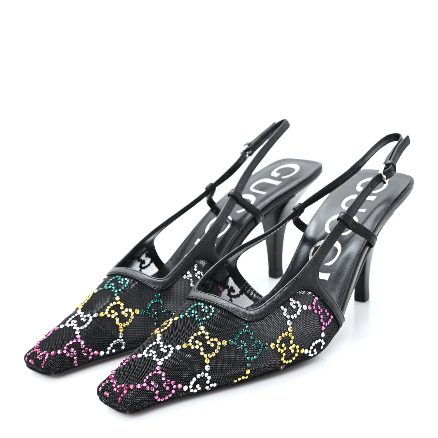 Gucci Tela Retino Nappa Charlotte Crystal GG Monogram Square G 75mm Slingback Pumps 36.5 Black 4 of 9