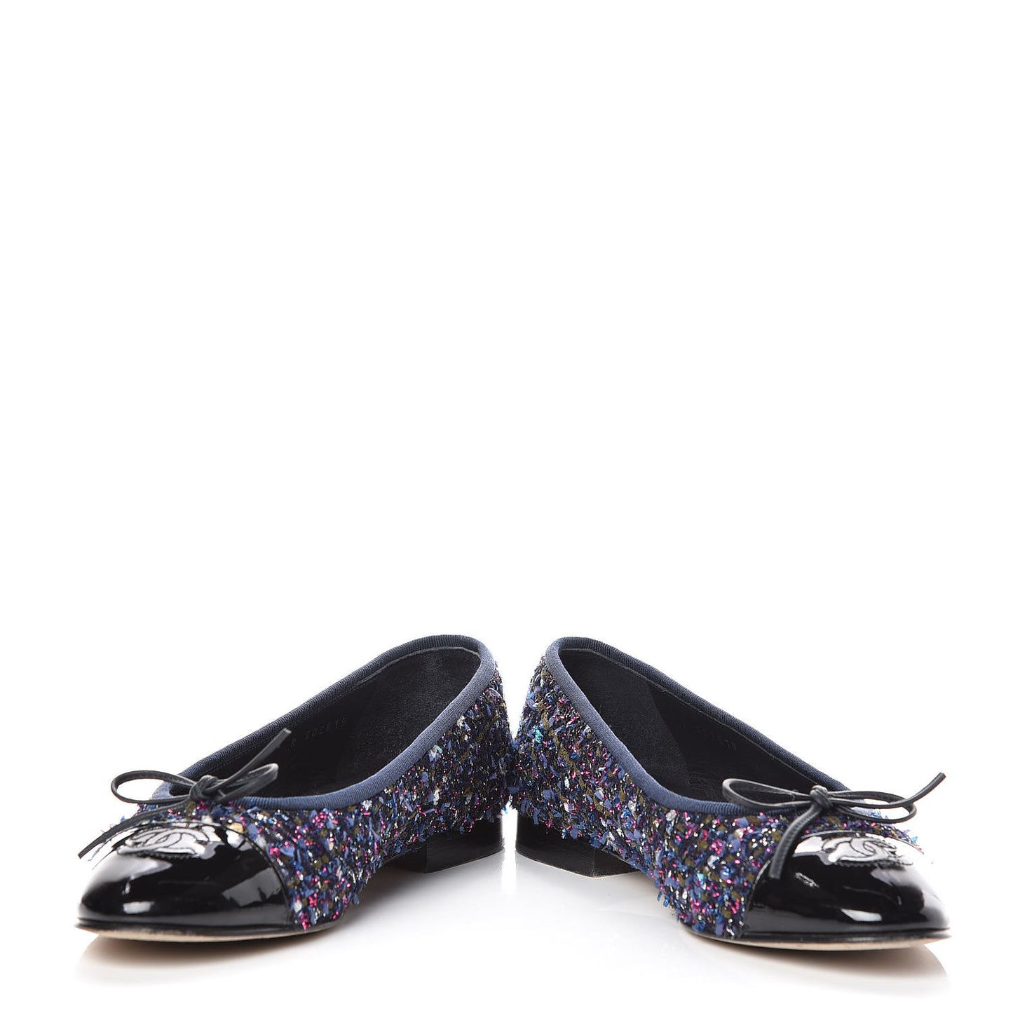 Tweed Patent Calfskin Cap Toe Ballerina Flats 37.5 Blue Pink Black