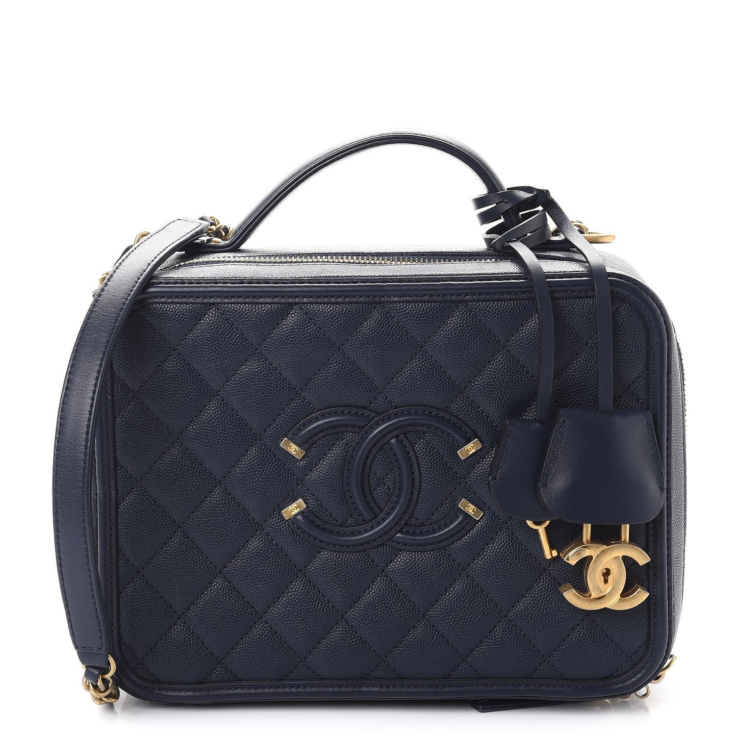 Caviar Quilted Large CC Filigree Vanity Case Navy