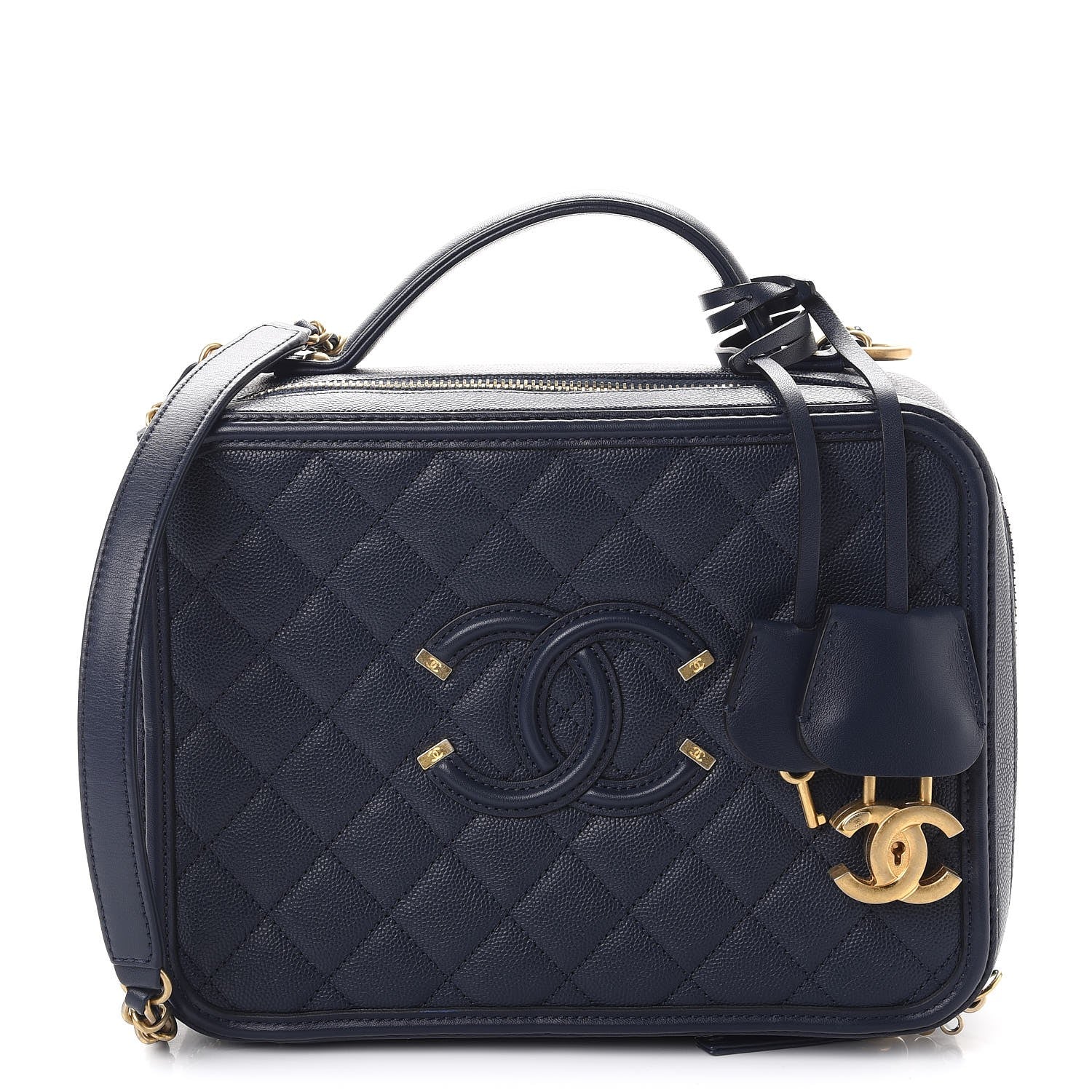 Chanel Caviar Quilted Large CC Filigree Vanity Case Navy 1 of 10