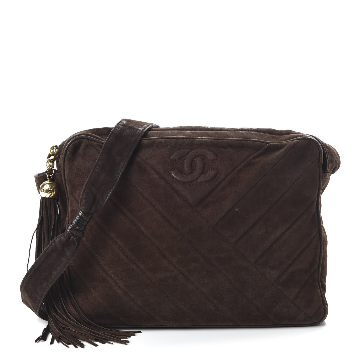 Suede Chevron Medium CC Tassel Camera Case Brown