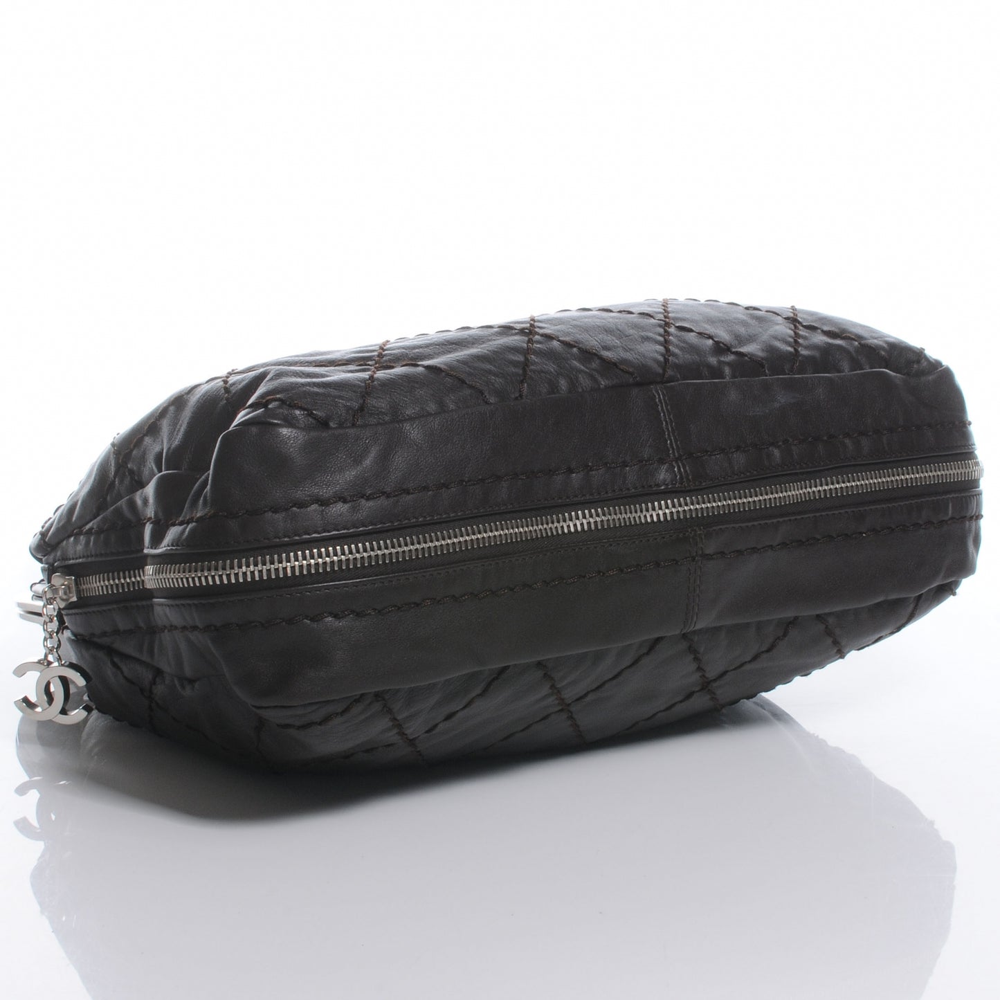 Lambskin Expandable Stitched Frame Top Bag Dark Brown