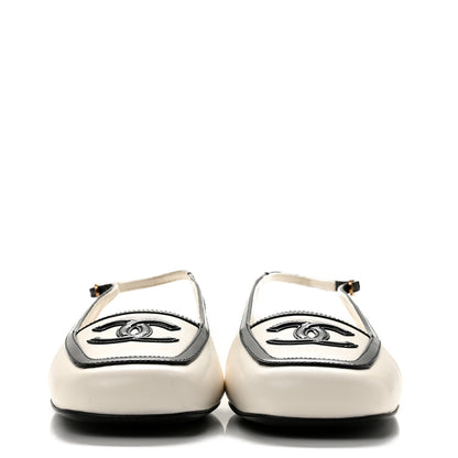 Chanel Lambskin Patent Calfskin CC Slingback Flats 37.5 White Black 3 of 10