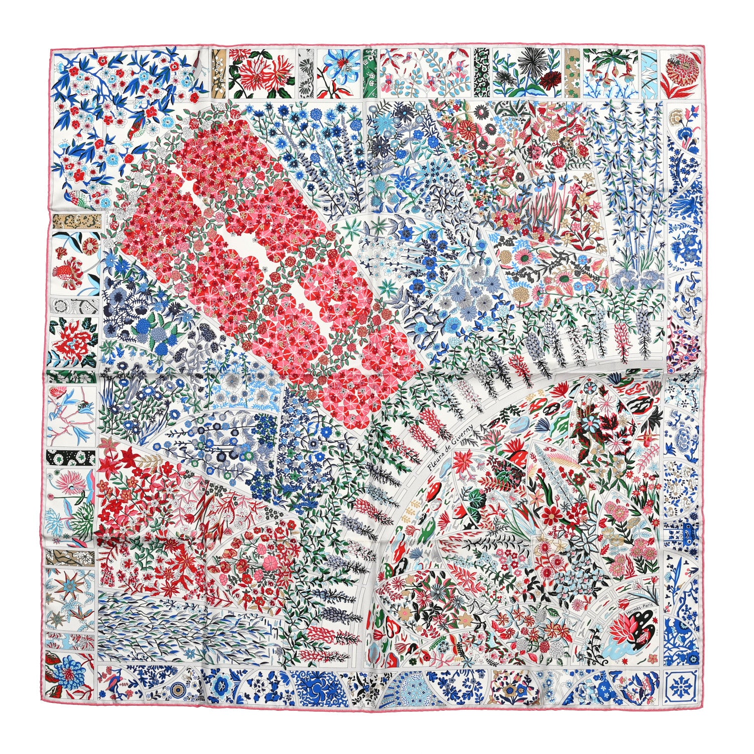 Hermes Silk Fleurs De Giverny Scarf 90 White Rouge Bleu 1 of 6