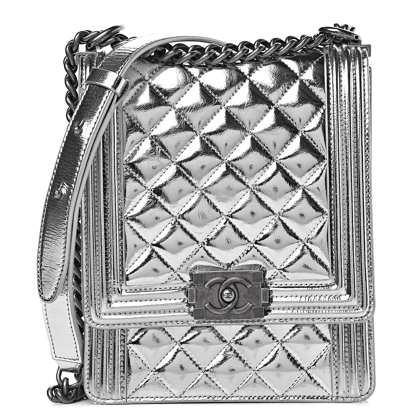 Metallic Goatskin Quilted North South Boy Flap Silver