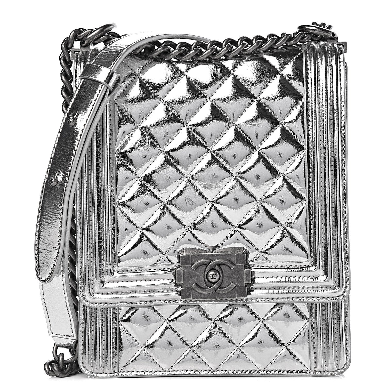 Chanel Metallic Goatskin Quilted North South Boy Flap Silver 1 of 11