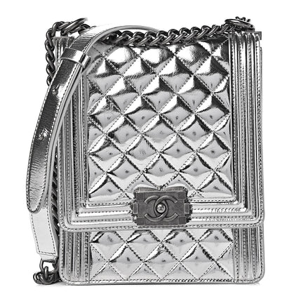 Chanel Metallic Goatskin Quilted North South Boy Flap Silver 1 of 11