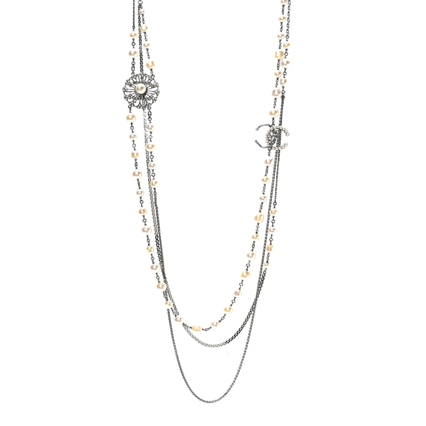 Glass Pearl Crystal CC Leaf Multi Strand Long Necklace Ruthenium