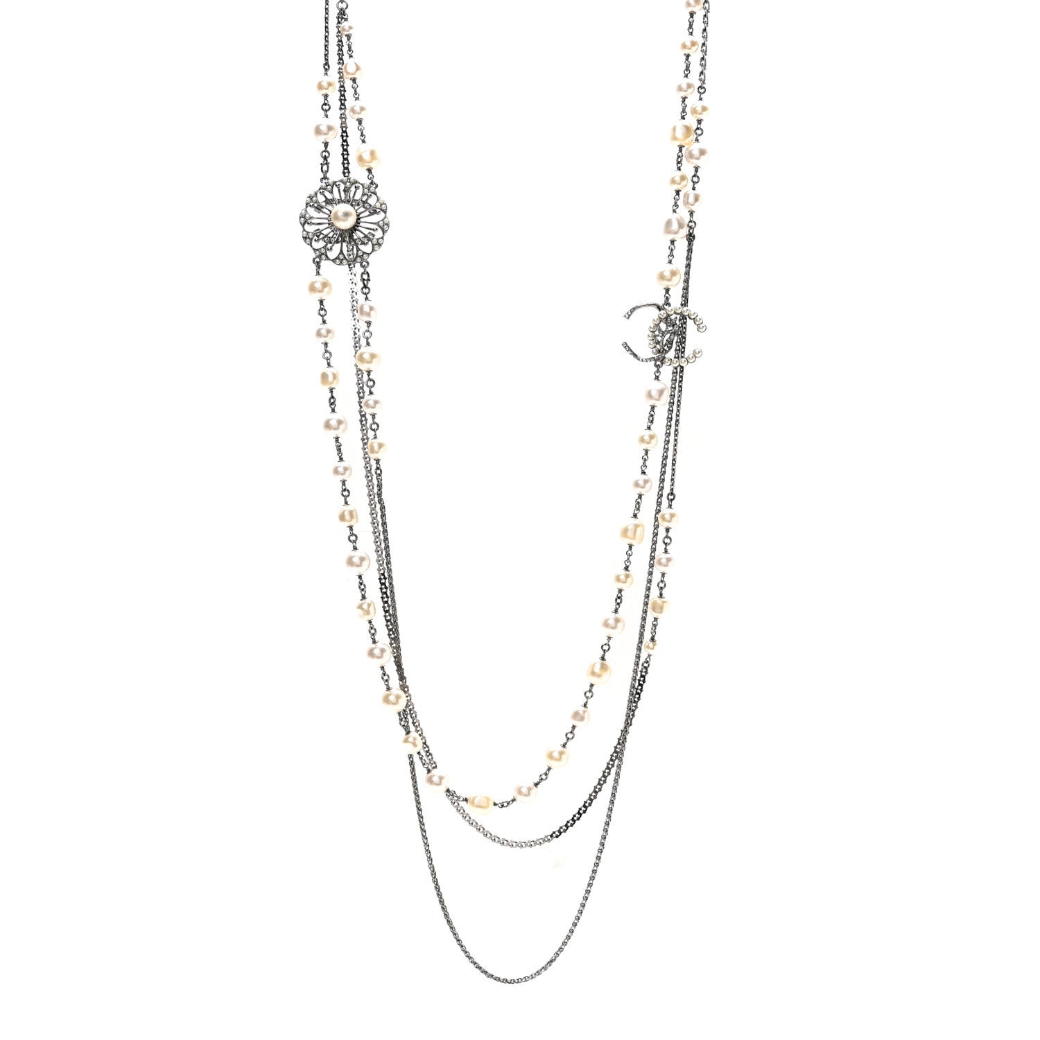 Chanel Glass Pearl Crystal CC Leaf Multi Strand Long Necklace Ruthenium 1 of 5