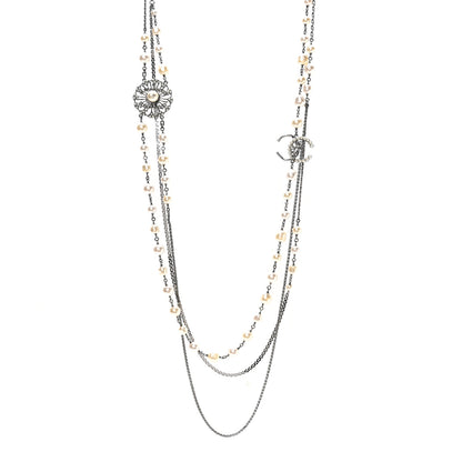Chanel Glass Pearl Crystal CC Leaf Multi Strand Long Necklace Ruthenium 1 of 5