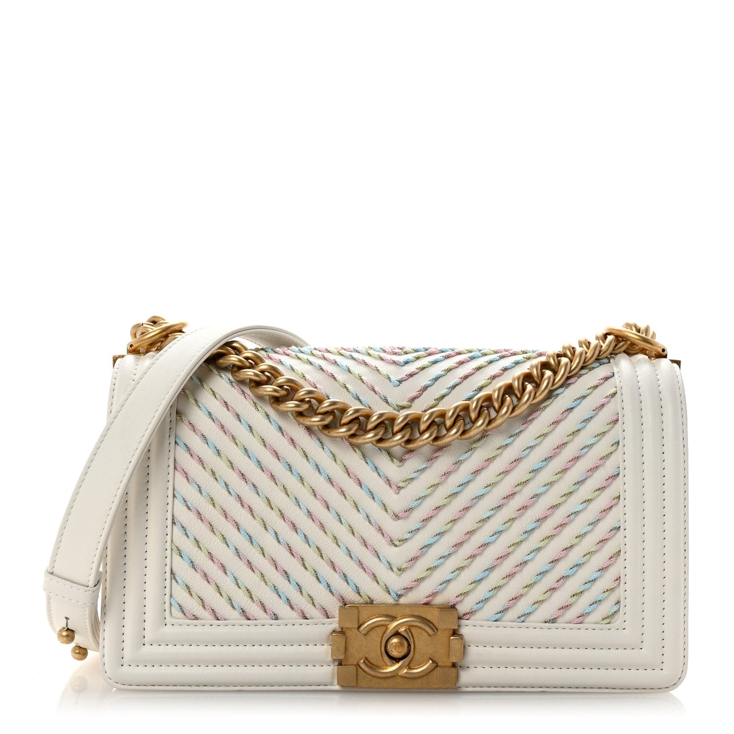 Calfskin Chevron Embroidered Medium Boy By The Sea Flap White