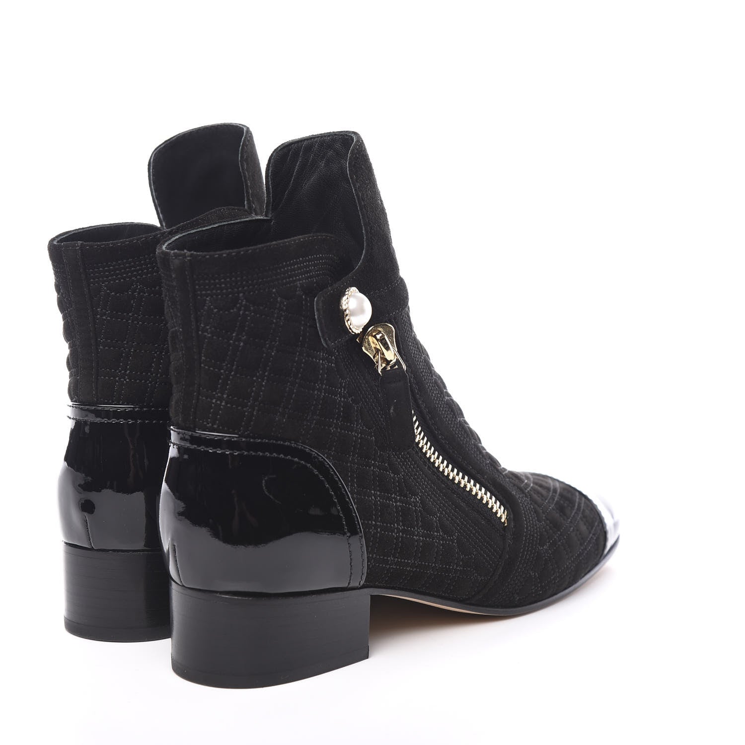 Chanel Suede Patent Calfskin Quilted Cap Toe Short Boots 38.5 Black 4 of 12