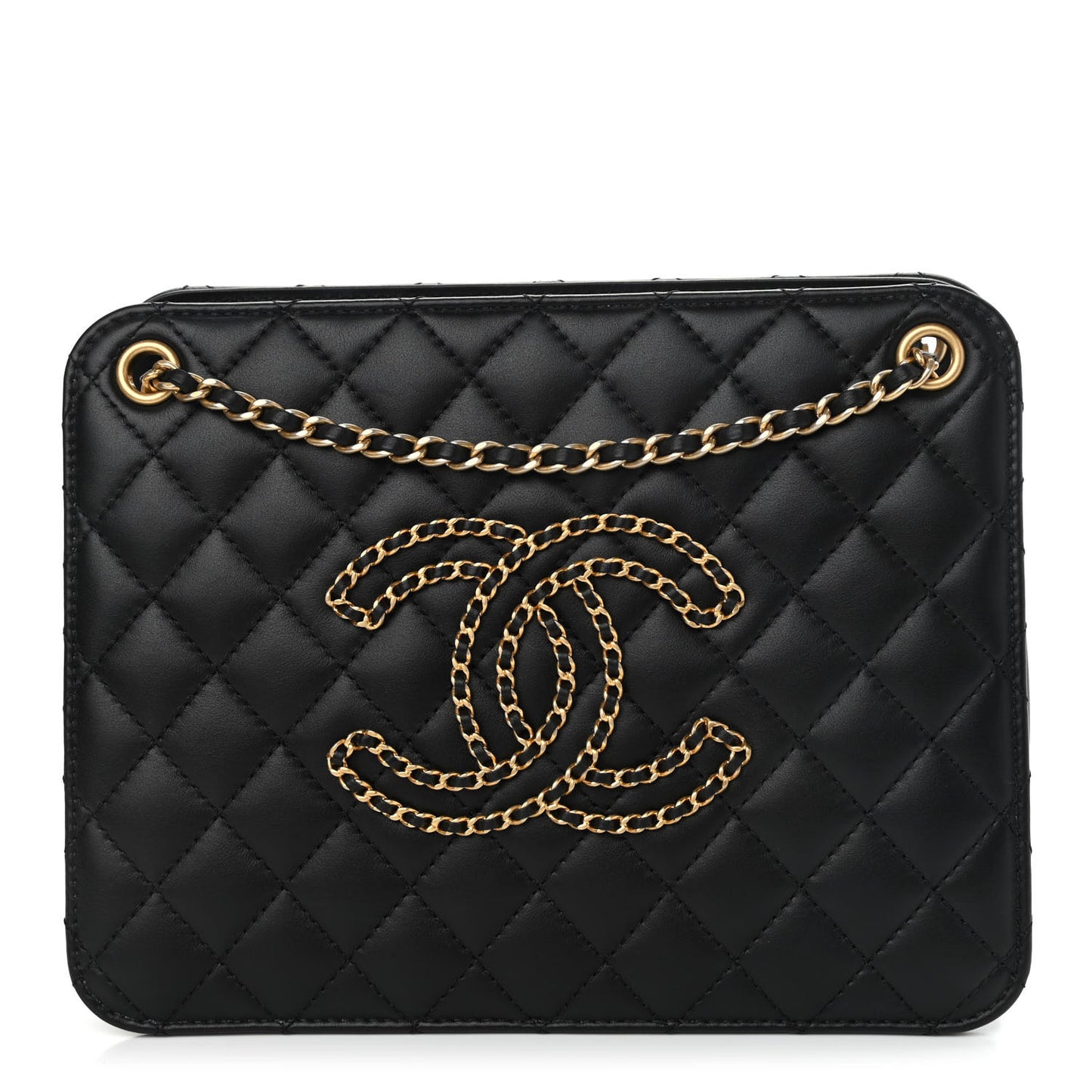 Calfskin Quilted CC Chain Accordion Tote Black