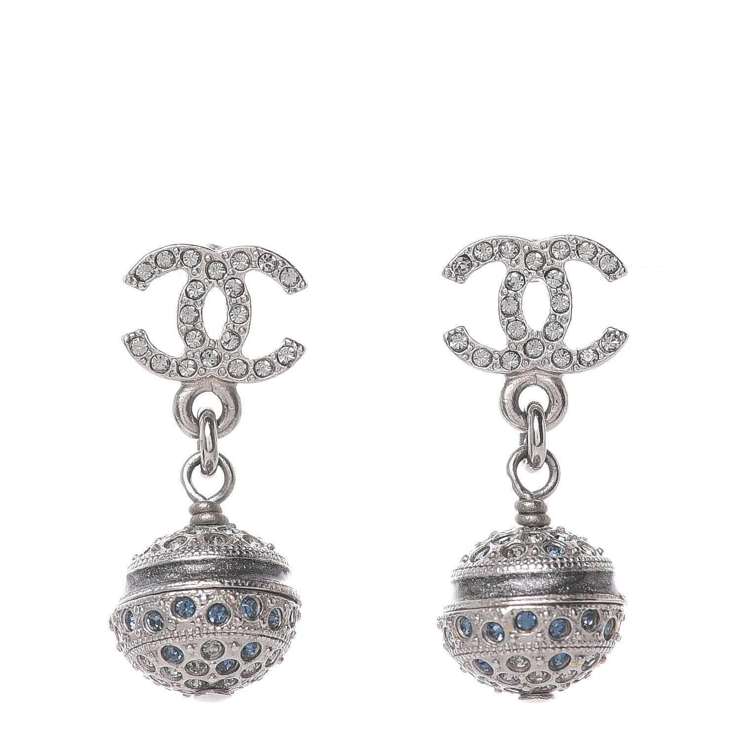 Chanel Crystal CC Drop Earrings Blue Silver 1 of 5
