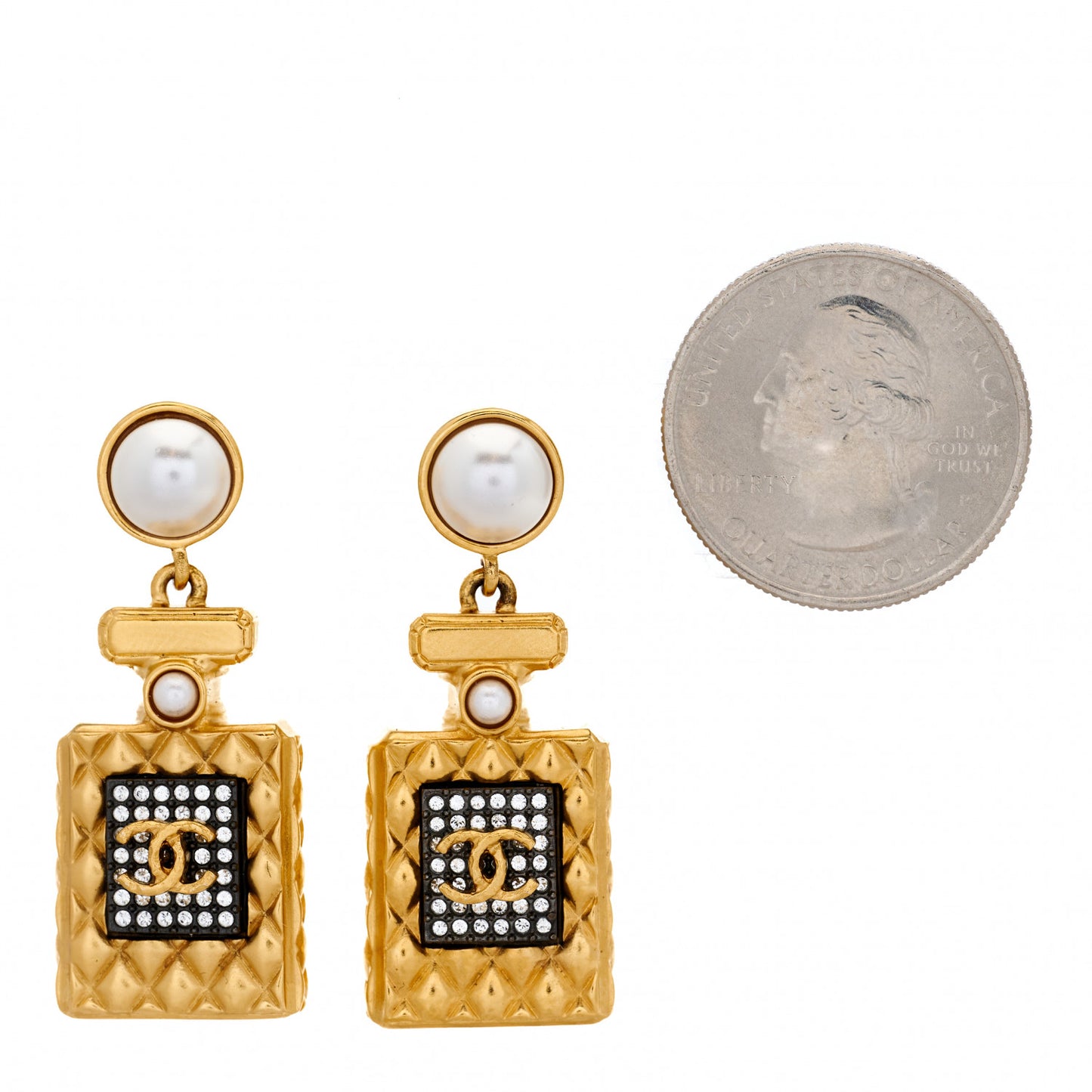 Crystal Pearl CC Perfume Bottle Drop Earrings Gold