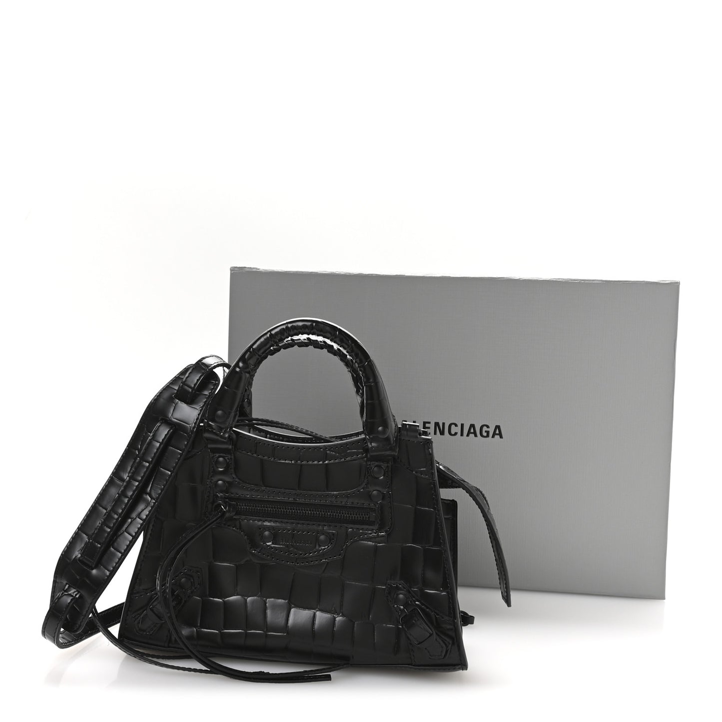 Semi Shiny Calfskin Crocodile Embossed Neo Classic Black Hardware Mini City Black