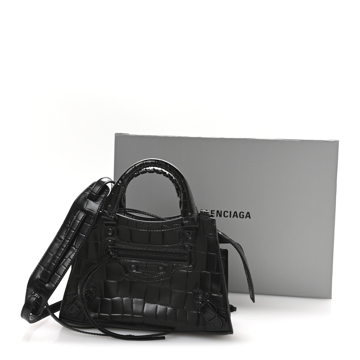Balenciaga Semi Shiny Calfskin Crocodile Embossed Neo Classic Black Hardware Mini City Black 12 of 12