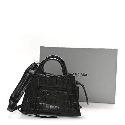 Balenciaga Semi Shiny Calfskin Crocodile Embossed Neo Classic Black Hardware Mini City Black 12 of 12