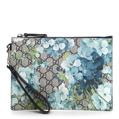 Gucci GG Supreme Monogram Blooms Small Zip Wristlet Pouch Beige Blue Black 1 of 8
