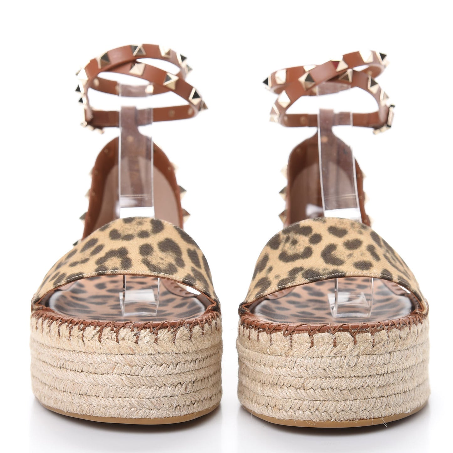 Canvas Leopard Print Rockstud Ankle Wrap Espadrille Flatform Sandals 41 Brown