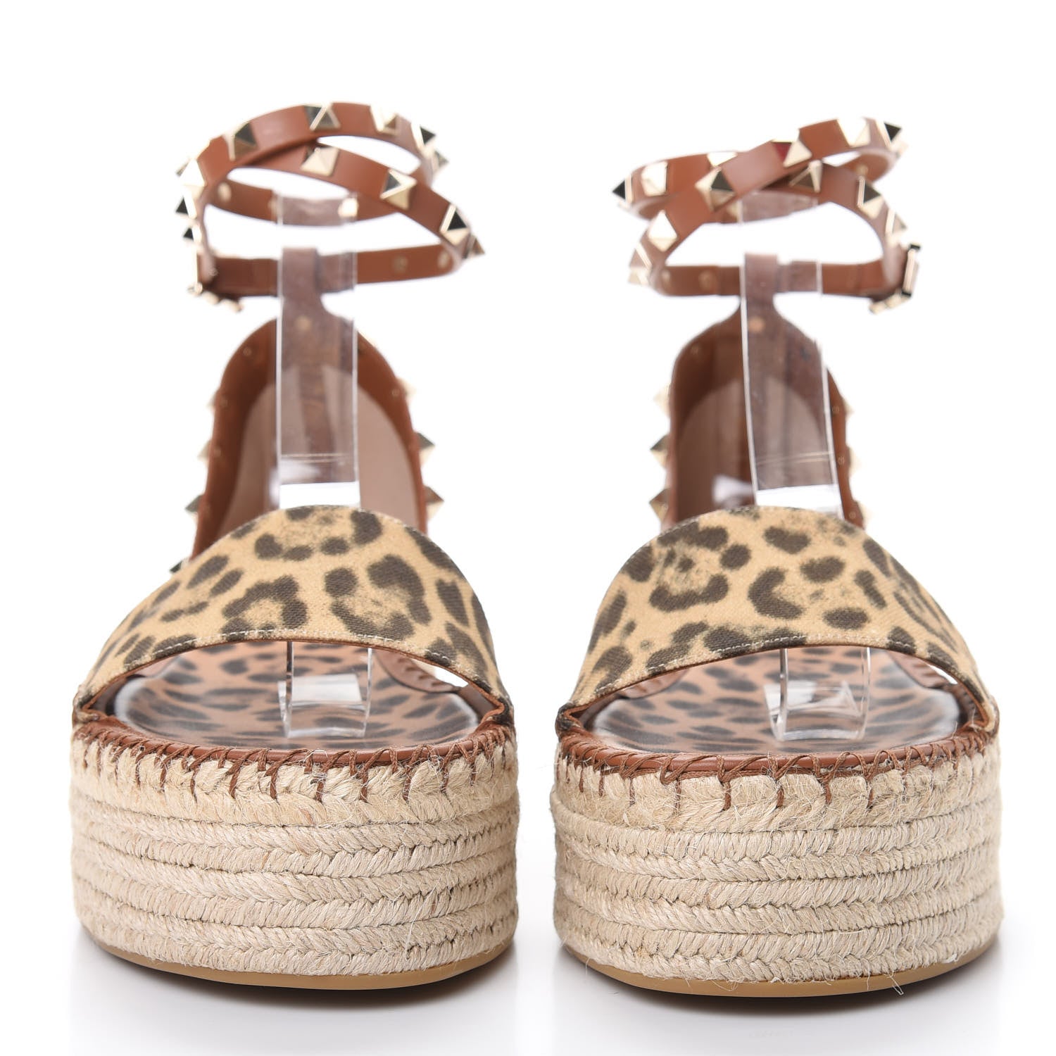 Valentino Garavani Canvas Leopard Print Rockstud Ankle Wrap Espadrille Flatform Sandals 41 Brown 2 of 8