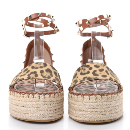 Valentino Garavani Canvas Leopard Print Rockstud Ankle Wrap Espadrille Flatform Sandals 41 Brown 2 of 8