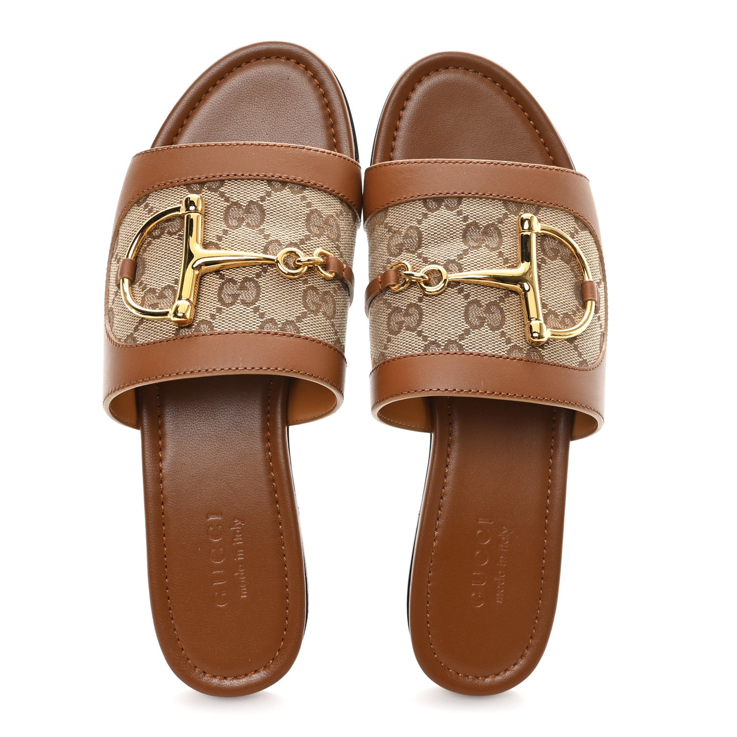 Gucci Calfskin Monogram Horsebit Womens Slide Sandals 39 Beige Ebony Sundial 2 of 10