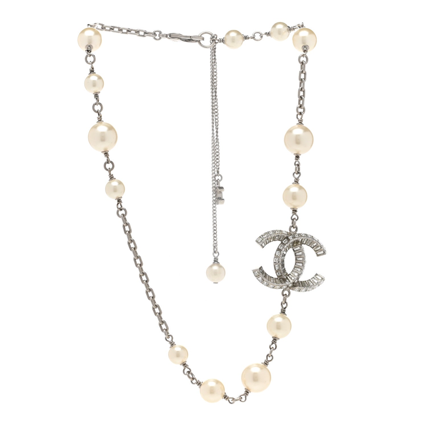Chanel Pearl Crystal Baguette CC Short Necklace Silver 3 of 6