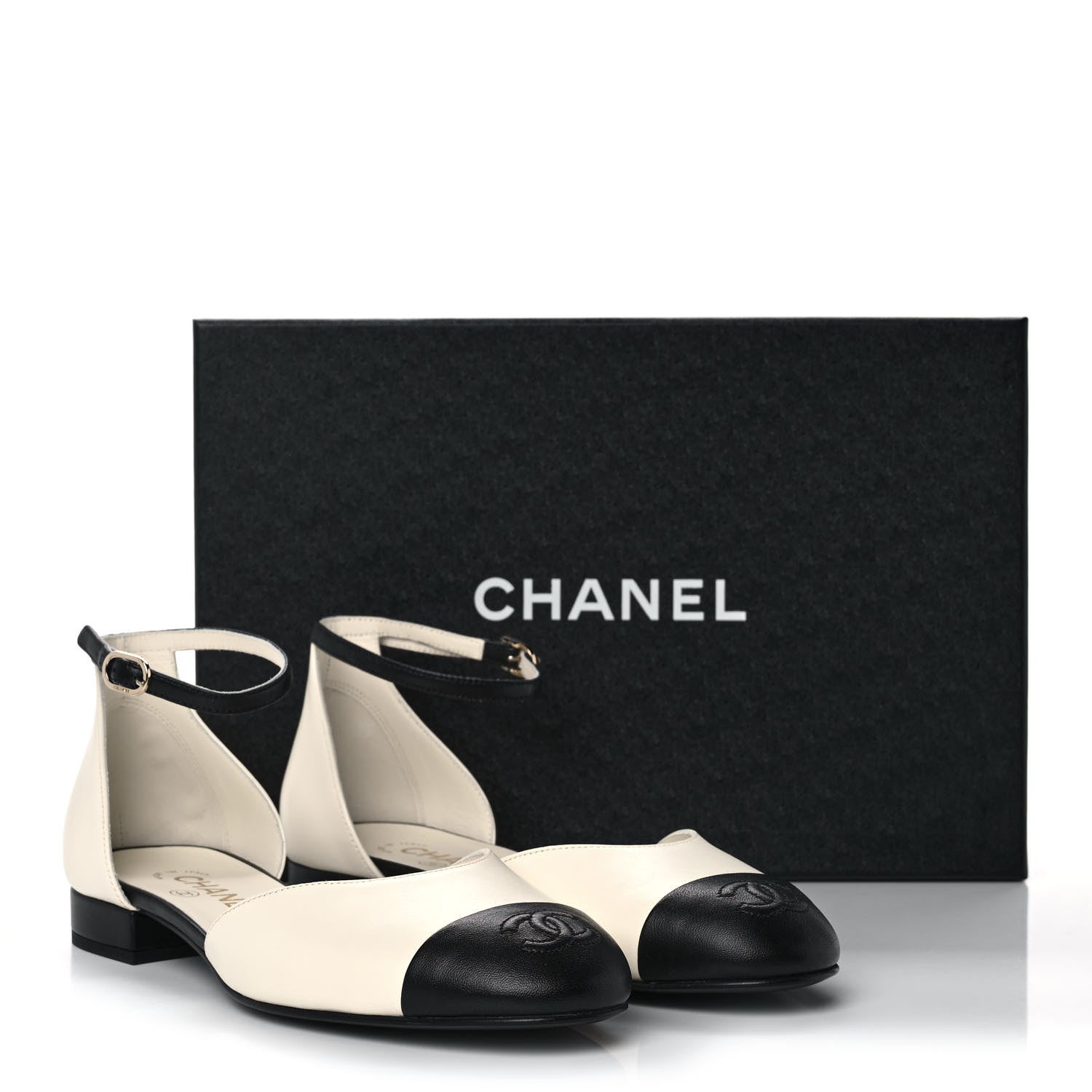 Chanel Lambskin Open Toe Flats 38 Ivory Black 9 of 9