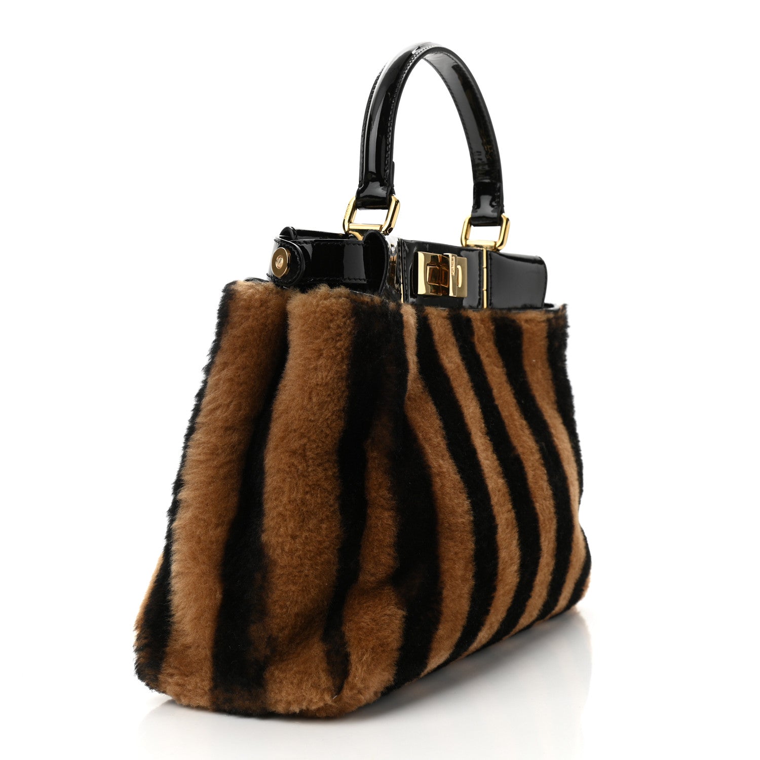 Fendi Shearling Vitello Vernice Mou Pequin Striped Medium Peekaboo Iconic Satchel Tobacco Black 2 of 9