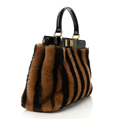 Fendi Shearling Vitello Vernice Mou Pequin Striped Medium Peekaboo Iconic Satchel Tobacco Black 2 of 9